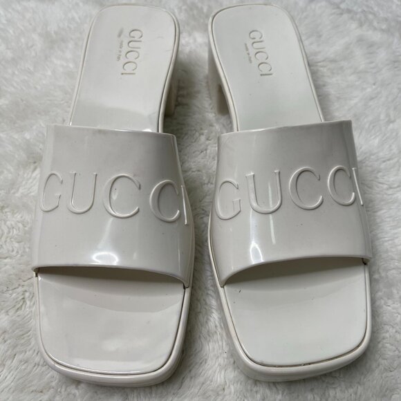 GUCCI Women's White Heeled Square Toe Slide Sandals Shoes Size 40 - Picture 1 of 14